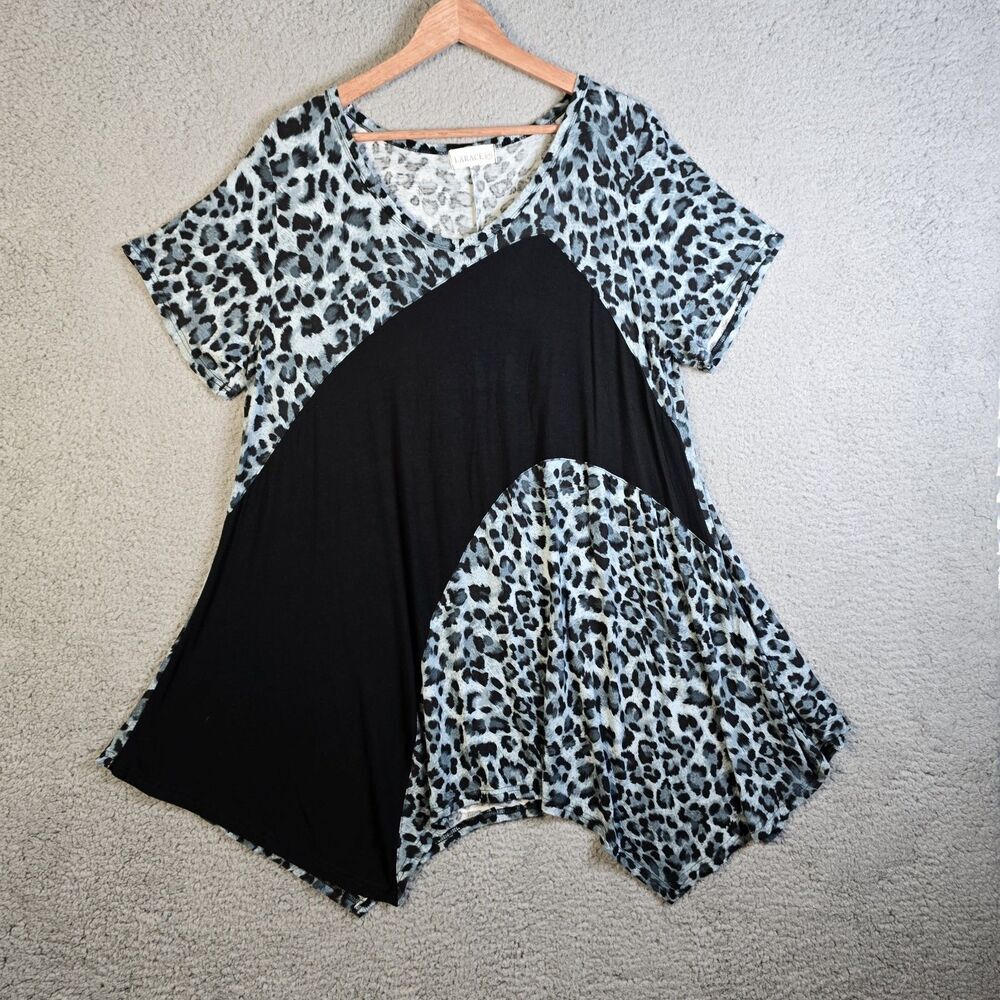 Larace Womens Tunic 3X Black Gray Leopard Print Color Block Stretch Asymmetrical